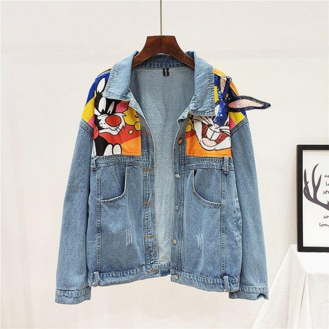 Damen Jeansjacke mit Figuren aus Märchen-Bombardina.de