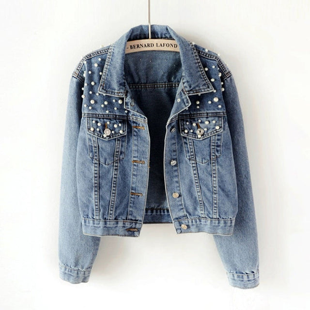 Damen Jeansjacke mit Perlen-Bombardina.de
