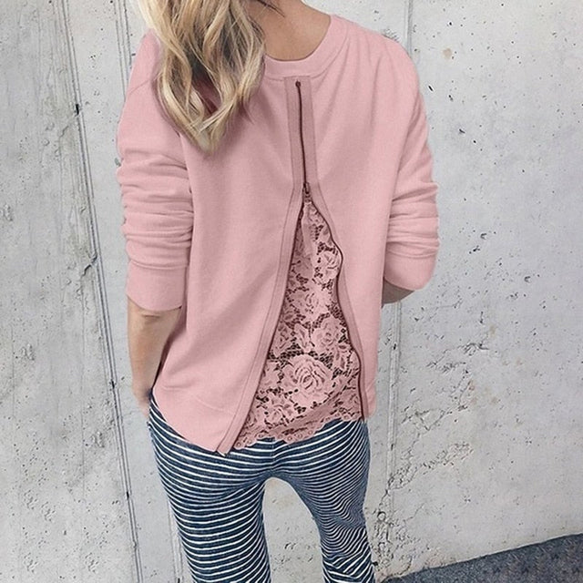 Damen-Sweatshirt ohne Reißverschluss mit Spitzenrücken-Bombardina.de