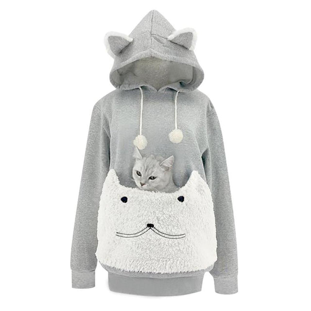Damen-Sweatshirt mit Kapuze und einer Tasche in Form einer Katze - Bombardina.de