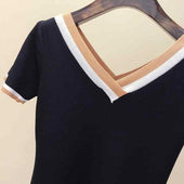 Damen-T-Shirt mit V-Ausschnitt und Kontrastbesatz-Bombardina.de