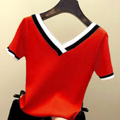 Damen-T-Shirt mit V-Ausschnitt und Kontrastbesatz-Bombardina.de