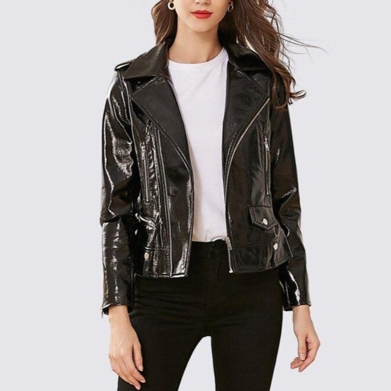 Damen Lederjacke aus glänzendem Material-Bombardina.de