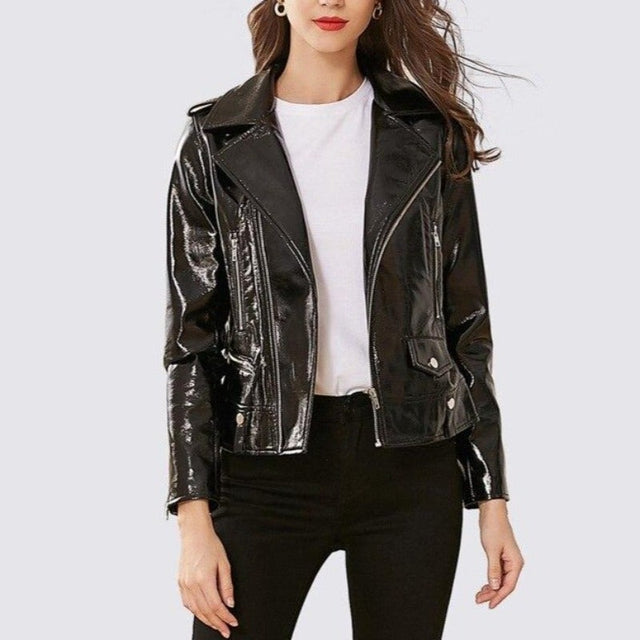 Damen Lederjacke aus glänzendem Material-Bombardina.de