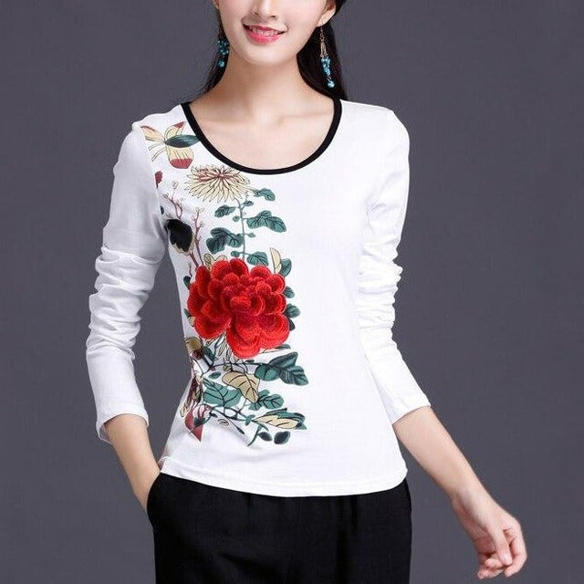Damen Langarm T-Shirt mit Blumen-Bombardina.de