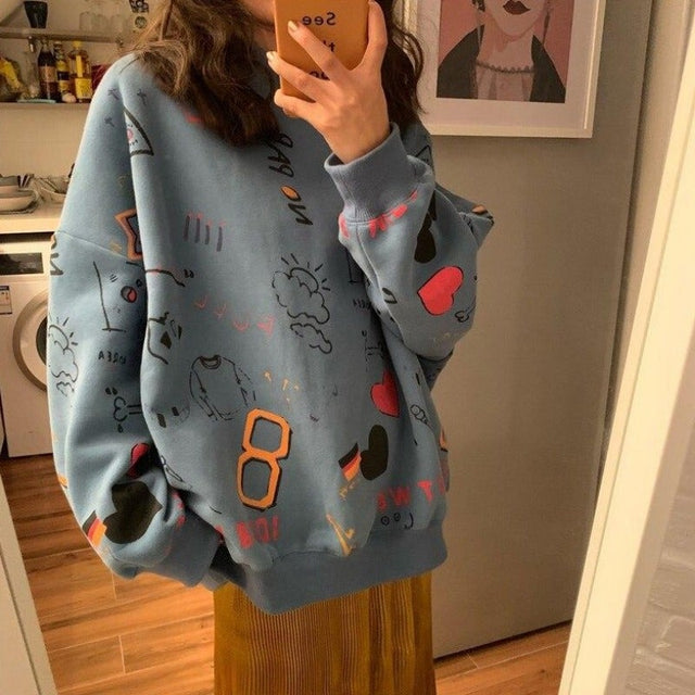 Damen-Sweatshirt ohne Reißverschluss mit Cartoon-Print-Bombardina.de